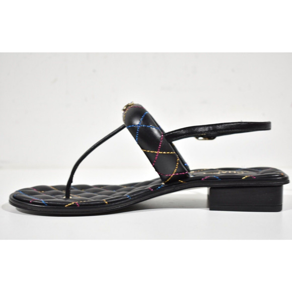 Chanel 21K Black Multicolor Leather CC Logo Mule Slide Flat Thong Sandal 37.5 - Picture 8 of 11
